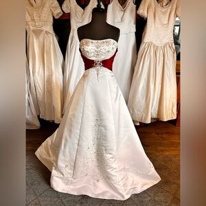 Strapless White Satin Wedding Gown with Red Waist Accents